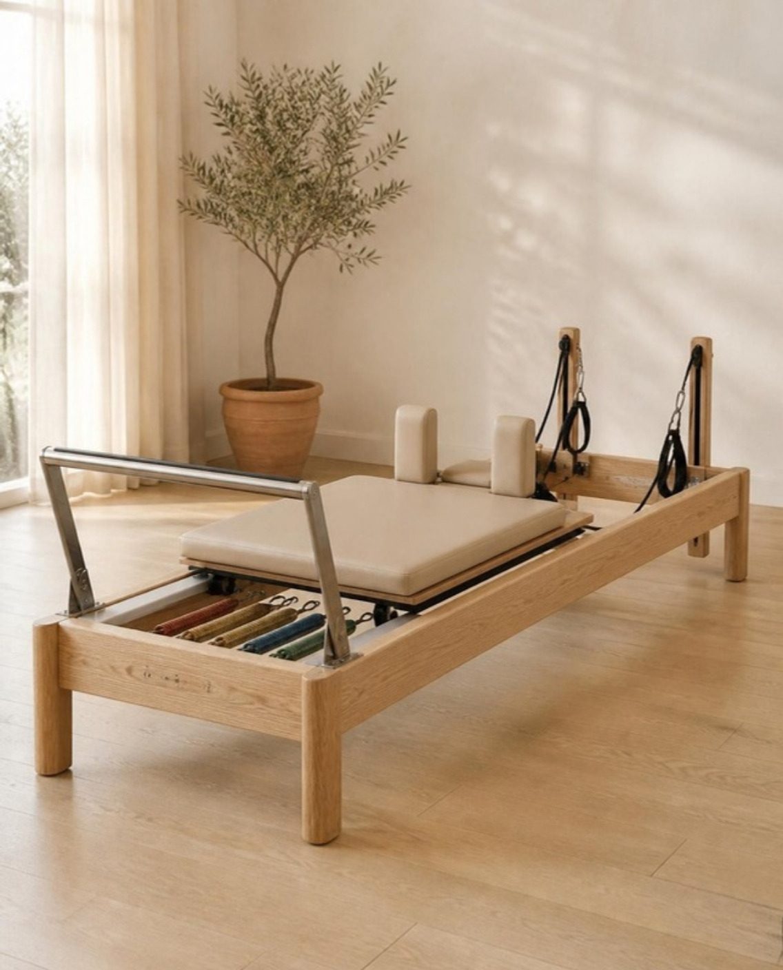 Un Reformer en bois clair : barre de pied, chariot, ressorts et sangles